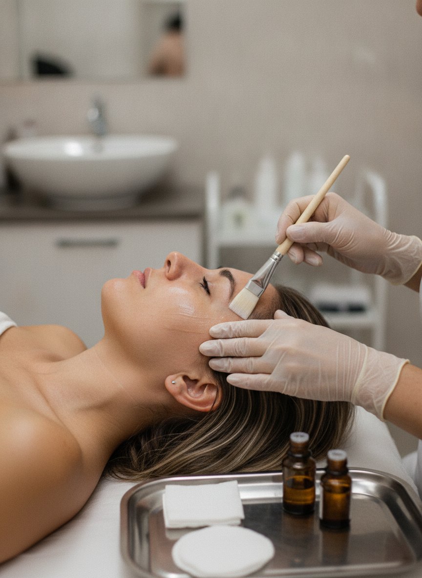 o atendimento de Peeling químico acontecendo, visto de lado