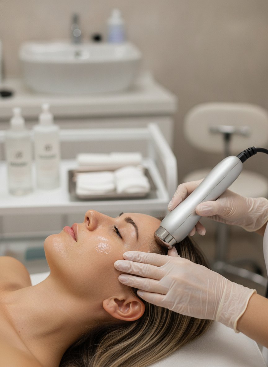 o atendimento de Radiofrequência facial acontecendo, visto de lado