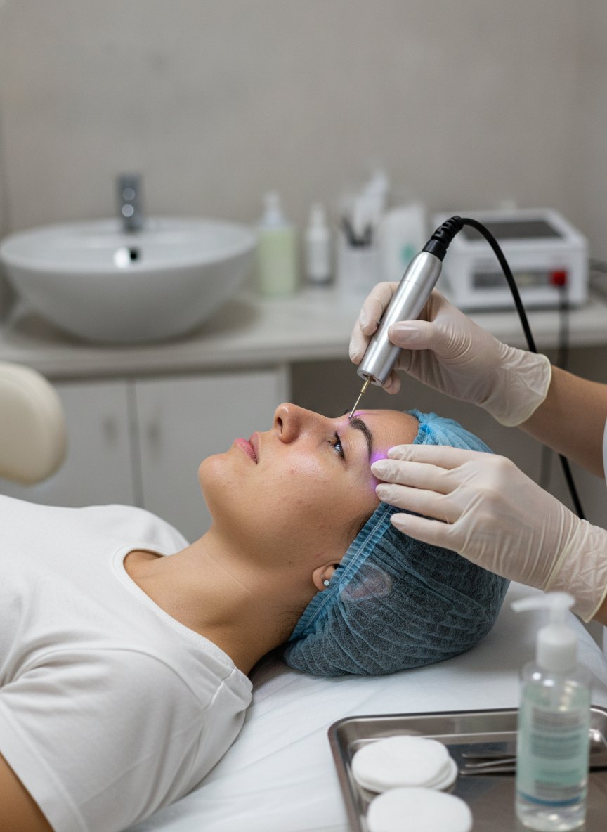 o atendimento de Tratamento para acne acontecendo, visto de lado