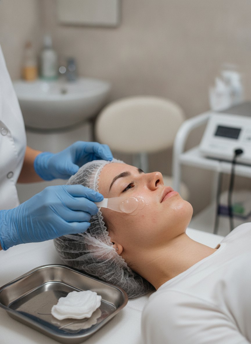o atendimento de Tratamento para acne acontecendo, visto de lado