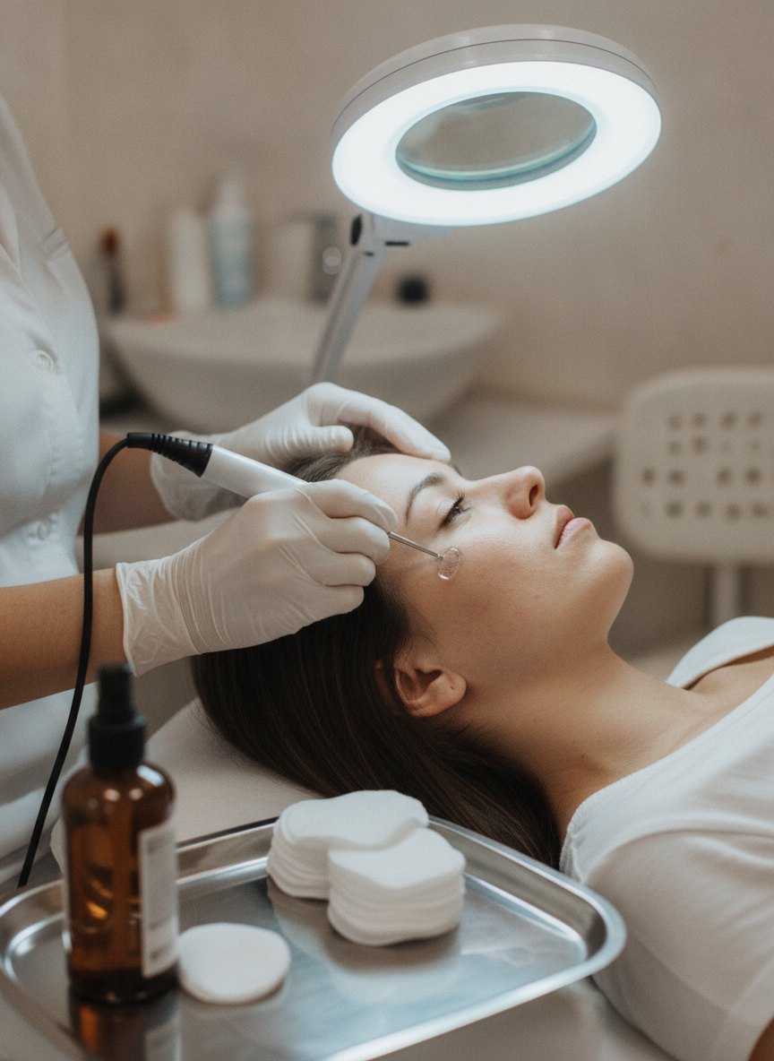 o atendimento de Tratamento para acne acontecendo, visto de lado