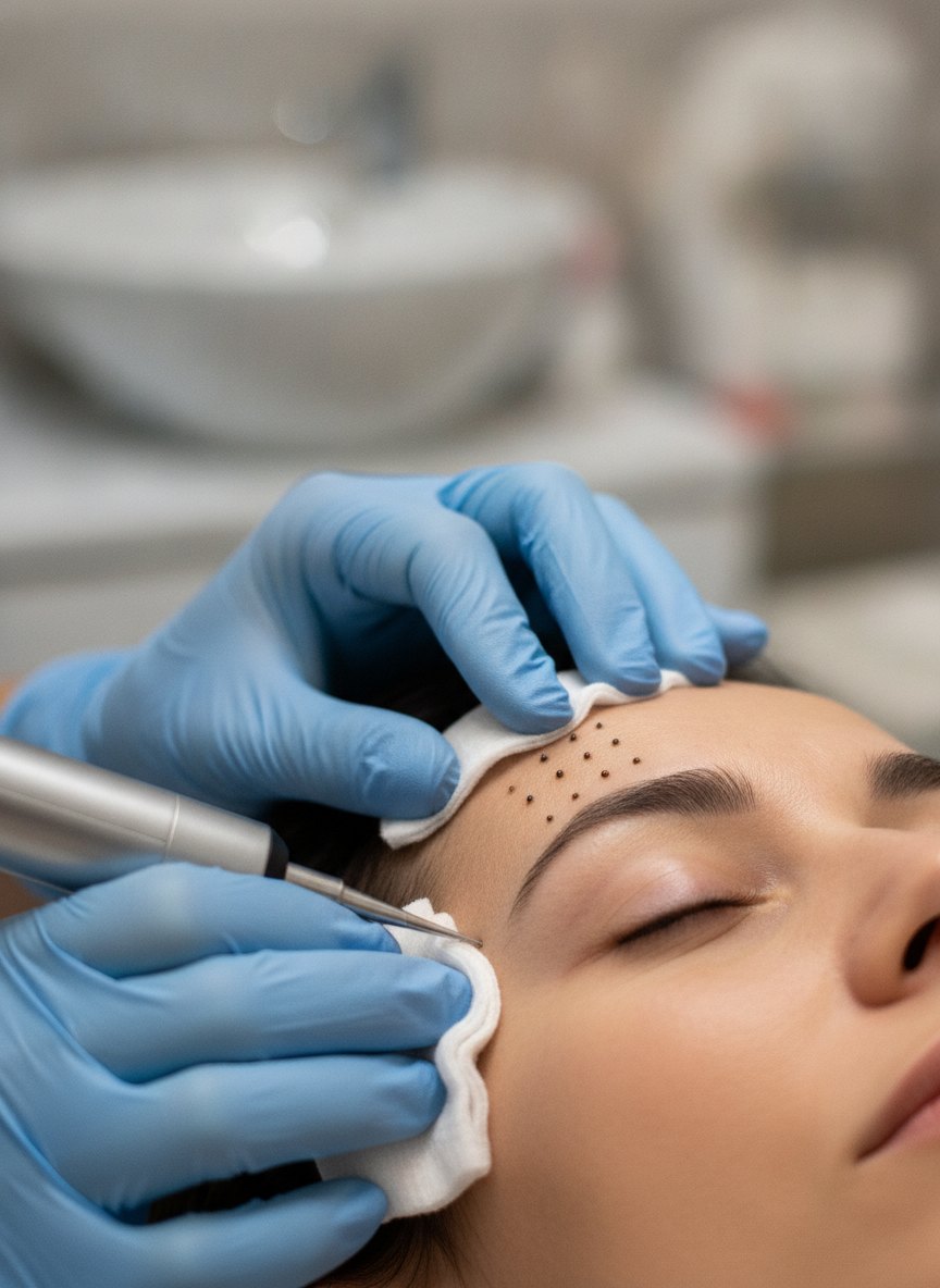 um detalhe bem de perto de Blefaroplastia s/ cortes: as mãos de quem atende e a ferramenta